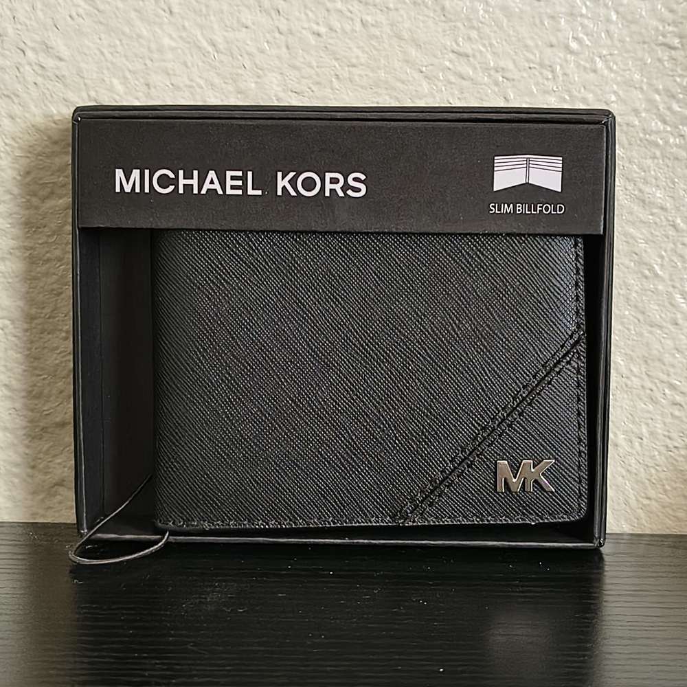 Michael Kors Black Slim Billfold with MK Accent - Picture 1 of 6